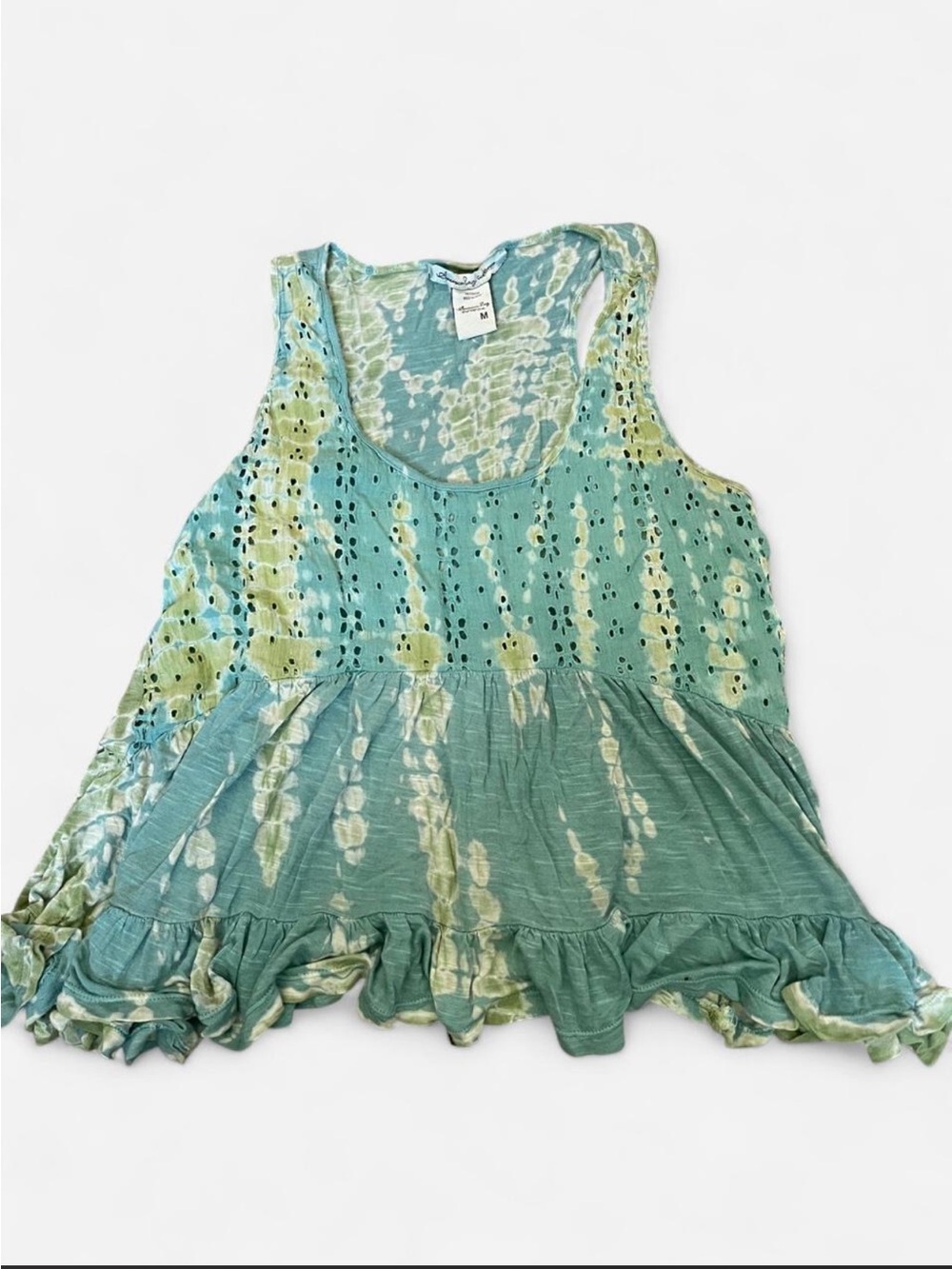 American Rag Teal and Light Green Tie-Dye Ruffle Hem Tank